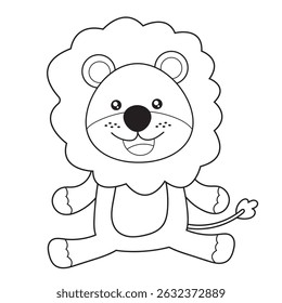 Cute cartoon baby lion sitting, black and white outline. Suitable for children's coloring pages. Safari animal.