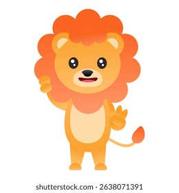 Cute cartoon baby lion standing and making a peace sign with a friendly smile. Expressive animal character.