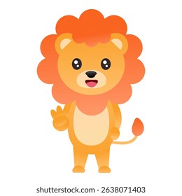 Cute cartoon baby lion standing and waving with a friendly smile. Expressive animal character illustration, great for children's designs.