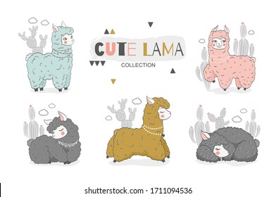 Cute cartoon baby llama characters collection. Hand drawn animal illustration. Fabric shirt surface design.