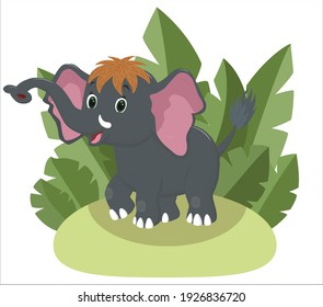 cute cartoon baby mammoth on an island with foliage in flat style. Wild elephant with tusks and wool