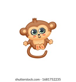 Cute cartoon baby monkey with big eyes vector illustration in kawaii anime style isolated on white background. Zoo funny jungle childlike animal character sitting.