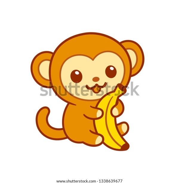 バナナを抱きしめたかわいい漫画の赤ちゃん猿 かわいい文字の絵 分離型ベクタークリップアートイラスト のベクター画像素材 ロイヤリティフリー 1338639677