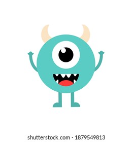 Cute Cartoon Baby Monster Charakter. Gruselblaues Monster mit Hörnern und Augen. Happy Halloween, Vektorgrafik einzeln auf weißem Hintergrund.