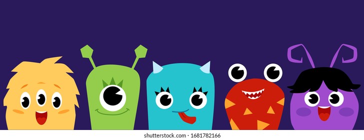 Cute cartoon baby monsters - flat banner on dark purple background with blank copy space. Little colorful alien creatures smiling - vector illustration