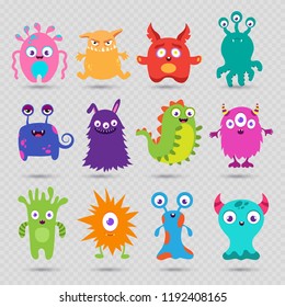 Cute cartoon baby monsters vector isolated on transparent background. Monster baby, alien or beast collection, face cyclop illustration