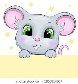 Cute cartoon baby mouse with big green eyes. Vector illustration of animal on the white background with stars.