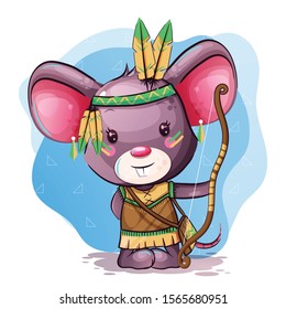 Cute Cartoon baby mouse with feathers on a blue background