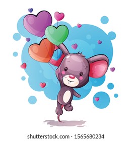 cute cartoon baby mouse with heart balloons