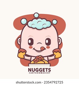 cute cartoon baby with nuggets. vector illustrations with outline style, suitable for, logo brand, stickers, icons, etc.