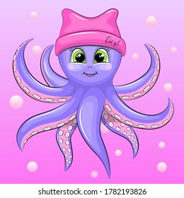Cute cartoon baby octopus in the pink hat. Vector illustration of a sea animal on the pink background with bubbles. 