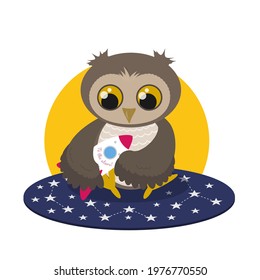 Cute cartoon baby owl playing with toy rocket on the carpet witn star pattern. Vector illustration