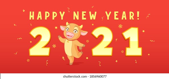 Cute cartoon baby ox greeting with New 2021 Year. Vector horizontal banner on red background.