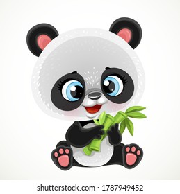 Cute cartoon baby panda bear eating bamboo isolated on a white background
