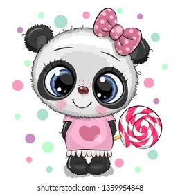 Cute Cartoon baby Panda in a dress with Lollipop