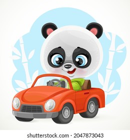 Cute cartoon baby panda drevi a red toy car for children on blue background with silhouette bamboo