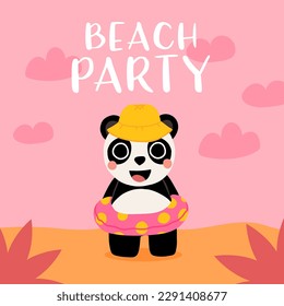 Cute cartoon baby panda in hat and swim ring smiling on the beach. Summer vector illustration for childrens book, poster, t shirt