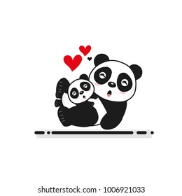 Cute cartoon baby panda is lying on the belly of his mother. Vector Illustration.