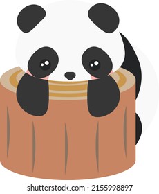 Cute Cartoon Baby Panda. Panda lying on wood for rest, sleeping on trunk. Panda with black and white color. Cartoon illustration, Vector, EPS10