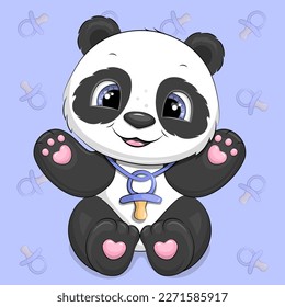 Cute cartoon baby panda with a pacifier. Vector illustration of animal on a blue background.