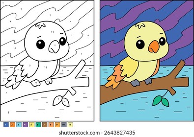 Cute cartoon baby parrot bird sitting on a tree branch. Split image showing black and white line art color by number page and the completed colorful version. Educational children's activity.