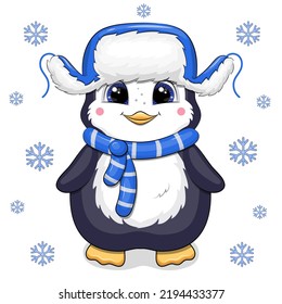 Cute cartoon baby penguin in blue winter hat with with ear flaps. Vector illustartion of animal on white background with snowflackes.