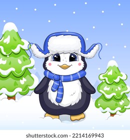 Cute cartoon baby penguin in a blue winter hat with ear flaps and green fir trees. Winter vector illustartion of an animal on a blue background with snow.