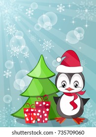 Cute cartoon baby penguin with gifts. Christmas card.  Vector illustration.