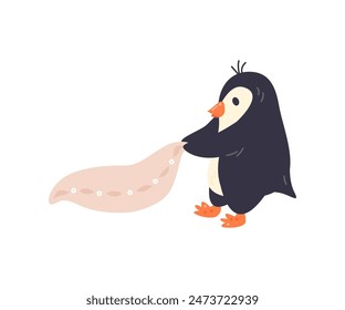 Cute cartoon baby penguin. Little nursery bird character dragging pillow for sleep. Mascot personage concept design. Childish drawing style. Arctic animal hand drawn flat vector illustration isolated