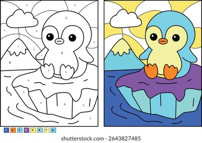 Cute cartoon baby penguin sits on a floating iceberg in the arctic ocean. Detailed color by number illustration with numbers and corresponding palette for a fun educational activity for kids.