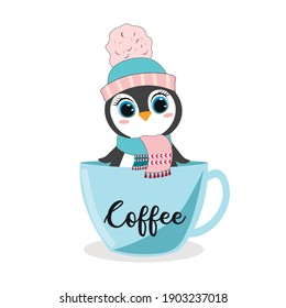 Bebé pequeño pingüino de dibujos animados sentados en la taza azul. Ilustración vectorial para ducha de bebé, tarjeta de saludo, invitación a fiesta, ropa de moda estampada de camisetas.