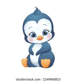 Cute Cartoon Baby Penguin, Vector Illustration. Polar Animal, Isolated White Background.