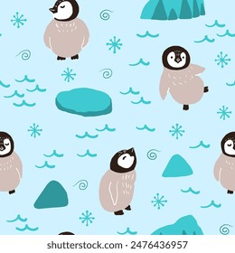 Cute cartoon baby penguins having fun on ice in Antarctica seamless pattern for farbric and paper design. Hand drawn winter season Christmas illustration.