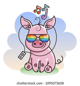 Cute cartoon baby pig in a cool rainbow glasses with music player. Vector illustration