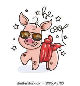 Cute cartoon baby pig in a cool sunglasses. Vector illustration