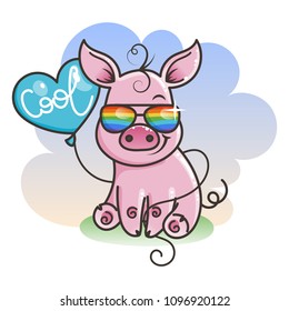 Cute cartoon baby pig in a cool rainbow glasses with balloon. Vector illustration