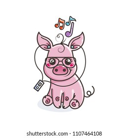 Cute cartoon baby pig in a cool sunglasses with music player. Vector illustration