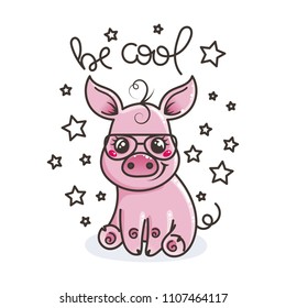 Cute cartoon baby pig in a cool sunglasses. Vector illustration