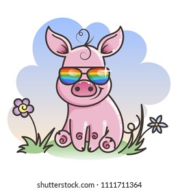 Cute cartoon baby pig in a cool rainbow glasses on a grass. Vector illustration