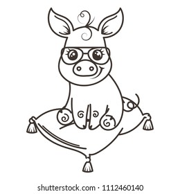 Cute cartoon baby pig in a cool sunglasses. Vector illustration, coloring page
