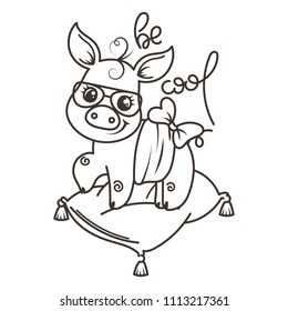Cute cartoon baby pig in a cool sunglasses. Vector illustration, coloring page