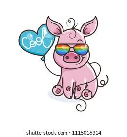 Cute cartoon baby pig in a cool rainbow glasses with balloon. Vector illustration