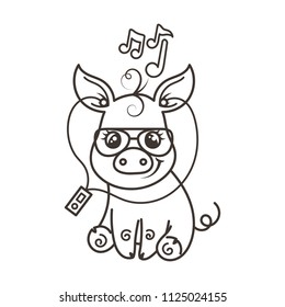 Cute cartoon baby pig in a cool sunglasses. Vector illustration, coloring page