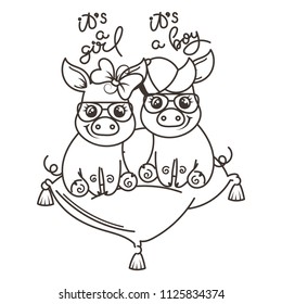 Cute cartoon baby pig in a cool sunglasses. Vector illustration, coloring page