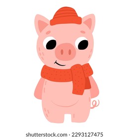 Cute cartoon baby pig with hat and scarf smiling. Isolated winter vector illustration for childrens book.