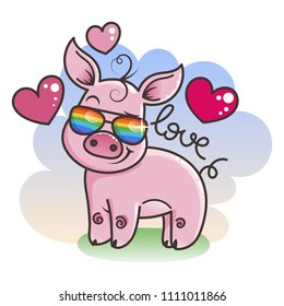 Cute cartoon baby pig in love in a cool rainbow glasses. Vector illustration