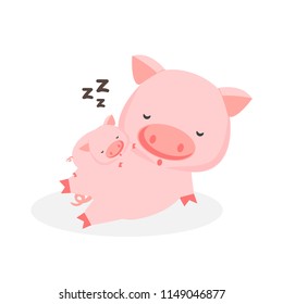 Cute cartoon baby pig is lying on the belly of his mother. Vector Illustration.