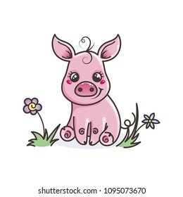 Cute cartoon baby pig on grass. Vector illustration