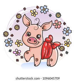 Cute cartoon baby pig on a flower background. Vector illustration
