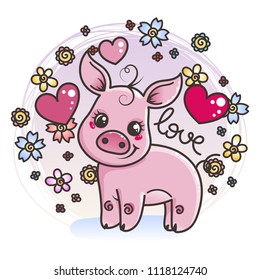 Cute cartoon baby pig on a flower background in love. Vector illustration